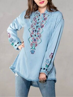 Vintage Collection Women’s Size Sm Chambray Floral Embroidered Shirt Tunic EUC